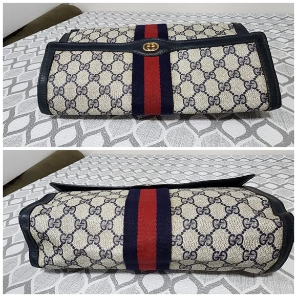 Authentic Gucci Vintage GG Sherry Line PVC Leather Clutch Beige/Navy Blue - Picture 8 of 14